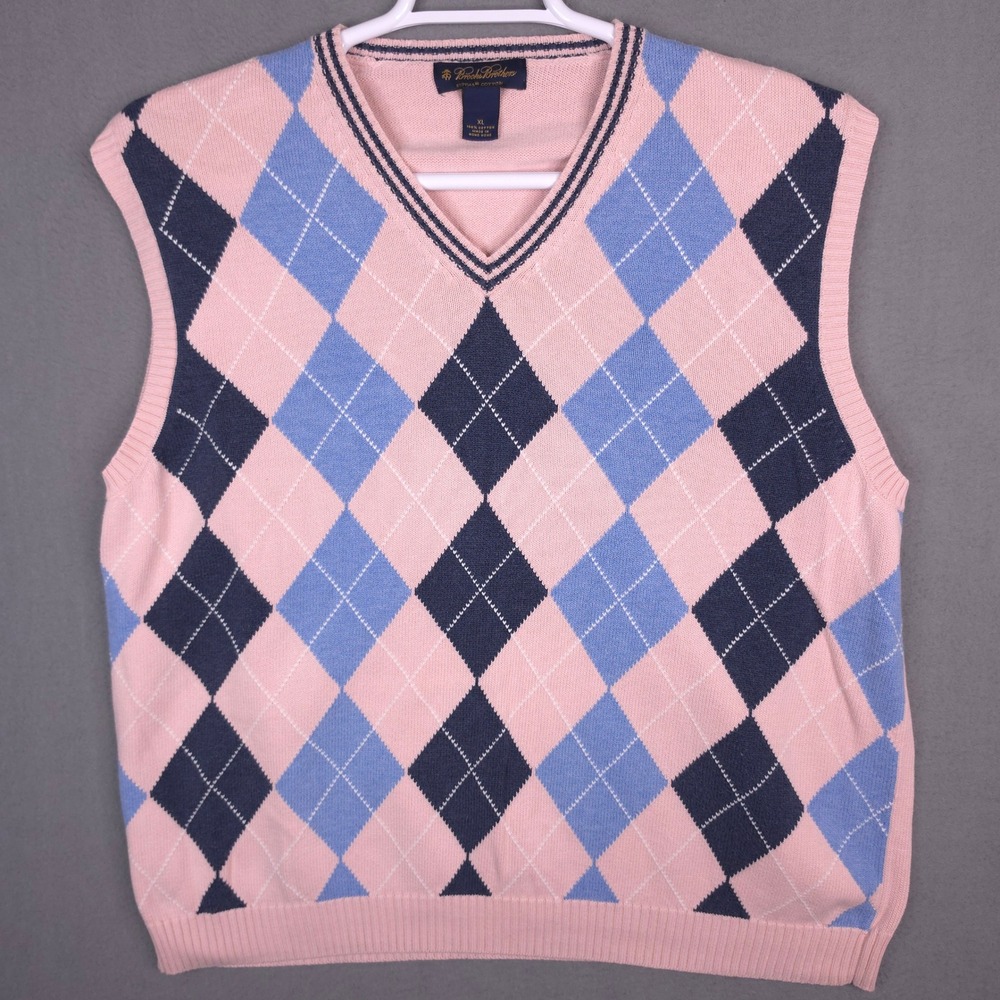 Brooks Brothers Sweater Vest Argyle Pink Blue XL Supima Cotton Preppy Classic
